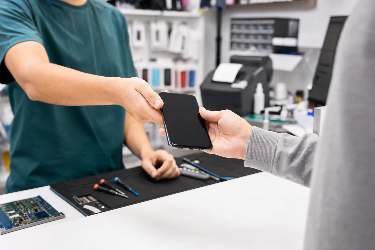 Repair shop counter where a repaired phone is returned to a customer