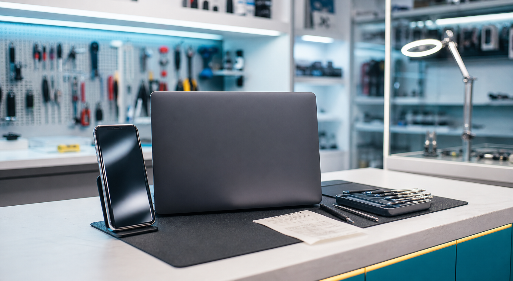 Repaired phone and laptop ready for pickup at a repair shop counter