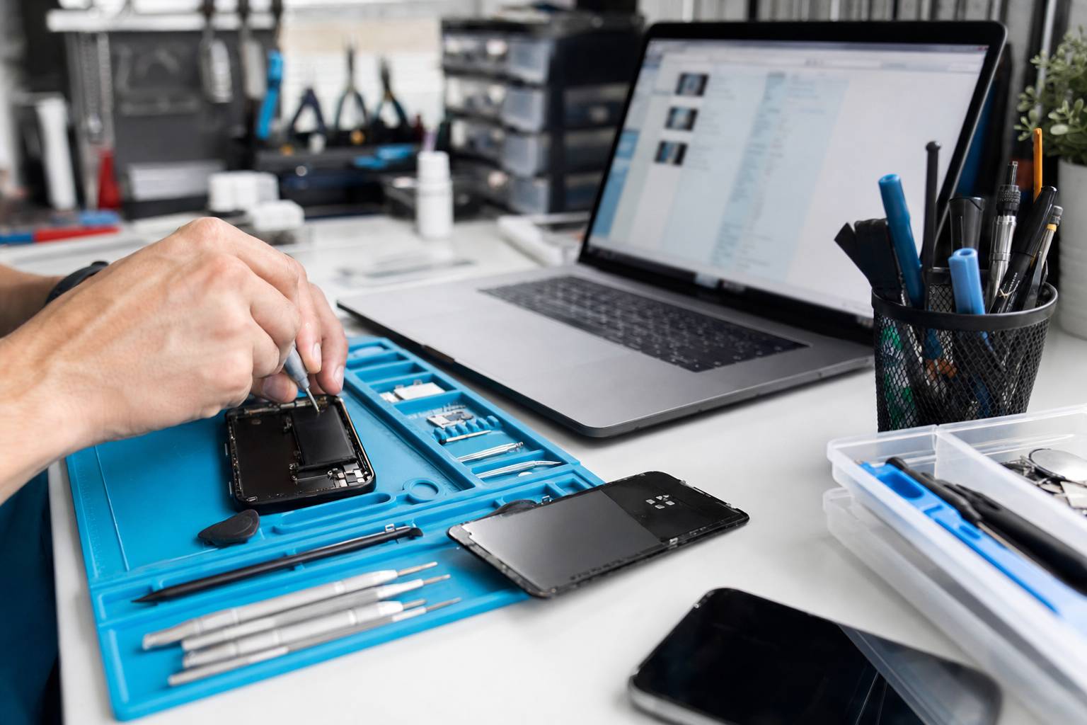 Technician repairing a smartphone beside a laptop on a clean electronics repair workbench