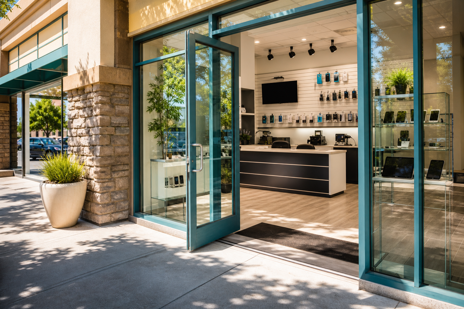 Welcoming local electronics repair shop entrance and service counter